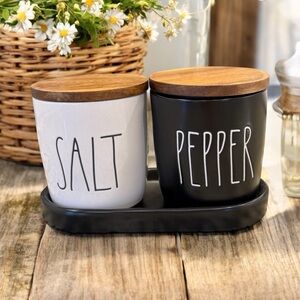 NEW Rae Dunn Ceramic Salt And Pepper Cellars With Bamboo Lids